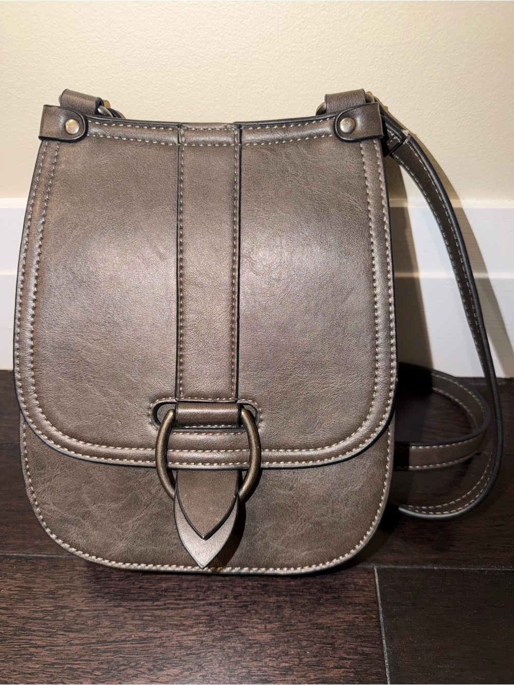 Simply Noelle Taupe Crossbody Saddle Bag with Ring Detail